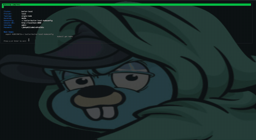 Bootstrapping Butler locally, then creating a tenant cluster and inspecting its nodes from the console